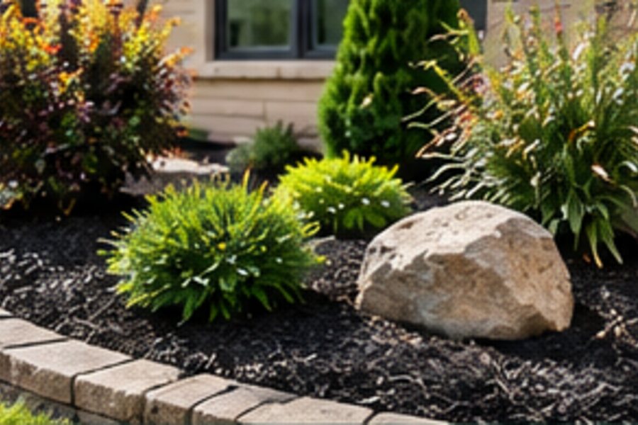 Landscape bed finished with dark mulch and decorative rock