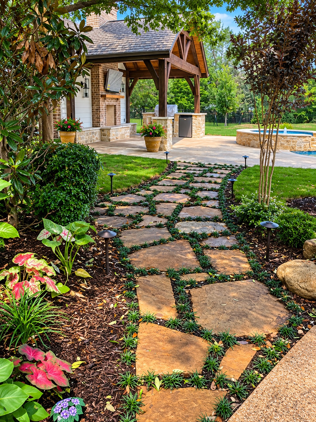 Landscaped flagstone walkway leading to a covered outdoor living area by First Garden Landscaping